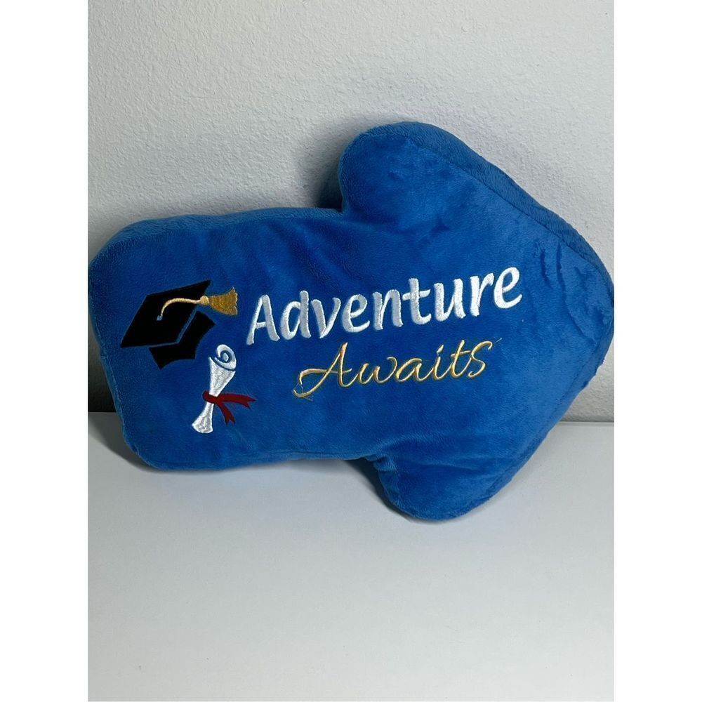 16" Graduation Travel Pillow "Adventure Awaits" Blue Grad Graduation Hat Diploma
